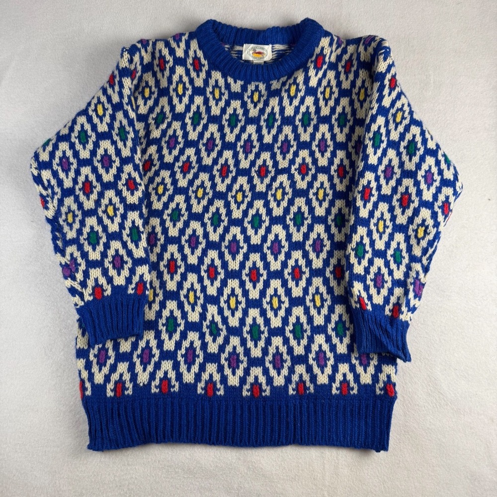 Marsh Landing Vintage 100% Wool Geometric Fair Isle Crewneck Sweater Blue Mens S